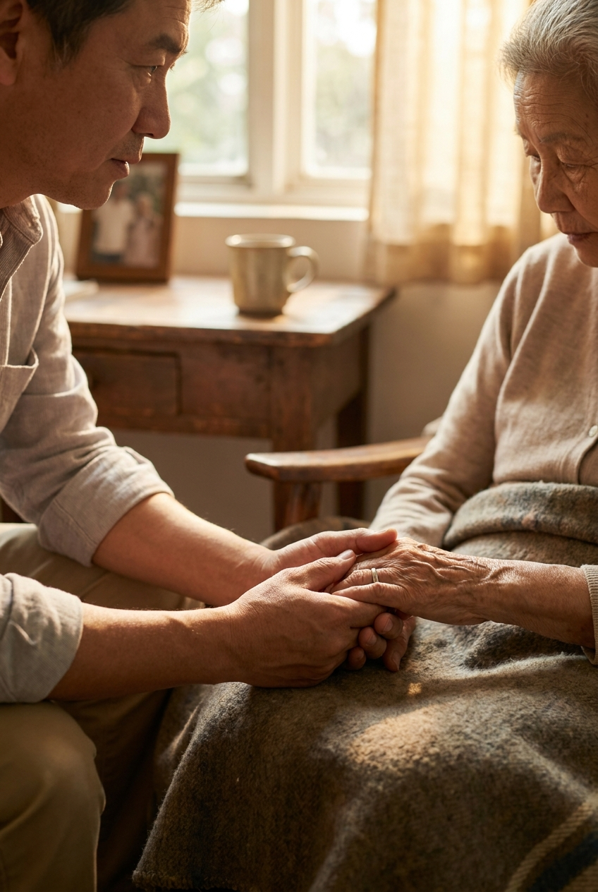 Caregiver holding elderly parent's hands